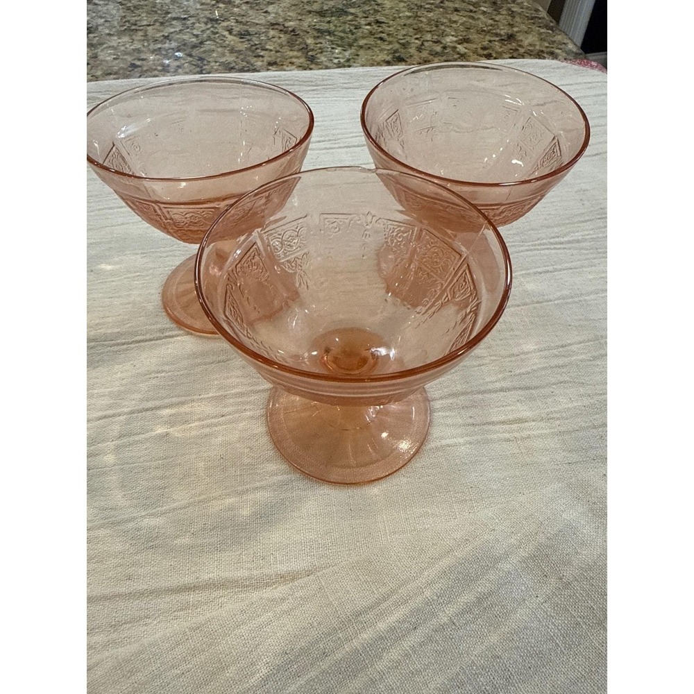 Vintage Federal Glass Pink Patrician Spoke Depression Glass Sherbet Coupes Set 3